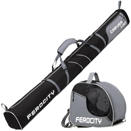 Premium Set Skitasche und Skischuhtasche für 1 Paar Ski-Stöcke-Schuhe-Helm | 180 cm | mit Kordelzug Tasche und Seitentasche Farbe Grau Schwarz [053] von Ferocity