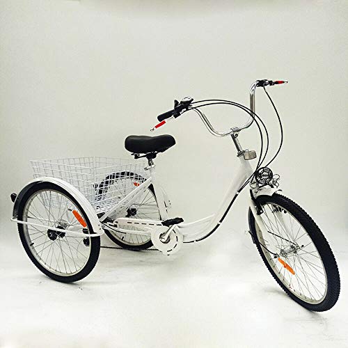 Fetcoi 24 6 Gänge Dreirad Für Erwachsene Weiß 3 Rad Dreirad Fahrrad Erwachsenen Dreirad Mit Licht+Korb, Kohlenstoffstahlrahmen, Verstellbarer Lenker von Fetcoi