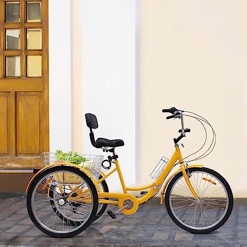 24 Zoll Erwachsene Faltrad 7 Geschwindigkeit Erwachsenen Dreirad Fahrrad mit Rückenlehne und Einkaufskorb für Erwachsene und Senioren (Gelb) von Fetcoi