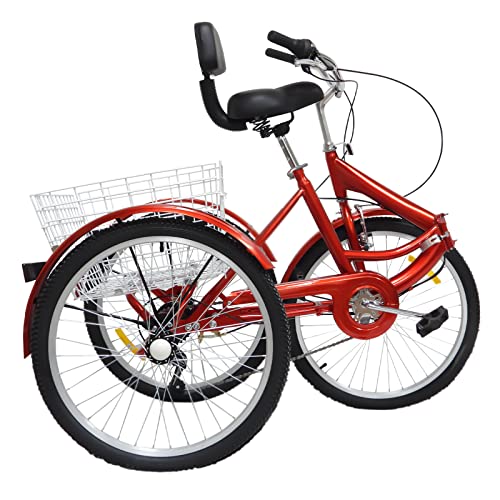 Fetcoi 24 Zoll Rot Faltbares Dreirad Für Erwachsene + Korb, 3 Räder Zusammenklappbares Fahrrad, 7 Gang, Reflektierende Streifen, Praktische Schutzbleche von Fetcoi