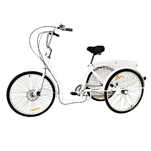 Fetcoi Dreirad 26 Zoll Räder Dreirad für Erwachsene mit Einkaufskorb Fahrrad 3-Rad-Dreirad Ausflug Sport Einkaufen Shopping Weiß von Fetcoi