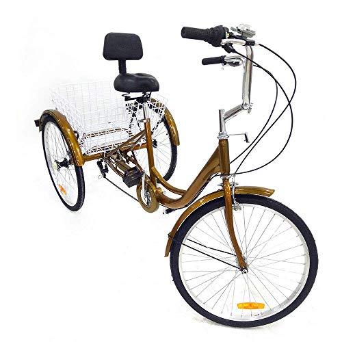 Fetcoi 24" Erwachsene Dreirad 6 Gänge 3 Räder Fahrräder Comfort Tricycle mit Einkaufskorb, Aluminium Dreirad Cruiser für Senioren Outdoor, Gold von Fetcoi