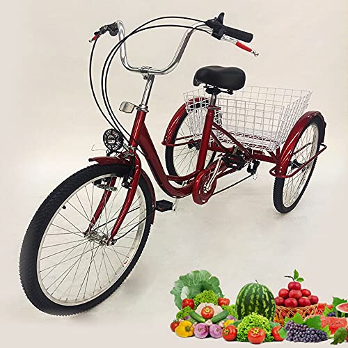 Fetcoi Dreirad für Erwachsene 24 Zoll Premium-Dreirad für Erwachsene, 6-Gang-Dreirad mit 3 Rädern, Korb und Beleuchtung (rot) von Fetcoi