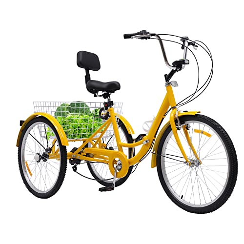 Fetcoi Dreirad für Erwachsene Dreirad 24 Zoll 7 Gäng 3-Rad Fahrrad mit Korb und Wasserbecherhalter, Faltbares Erwachsene Dreirad, LED-Frontlicht und Reflektoren, Gelb | EU Stock von Fetcoi