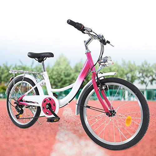 Fetcoi Kinderfahrrad 20 Zoll Mädchen Jungen Kinder Fahrrad 6 Gang Mountainbike mit Lampe für 12-16 Jahre (Rosa + Weiß) von Fetcoi