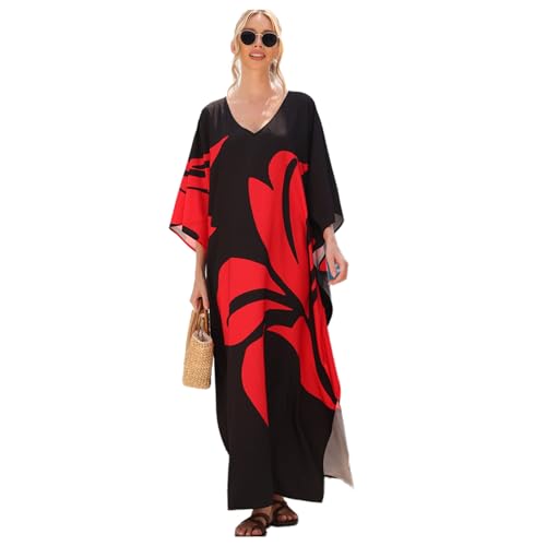 Fhsqwernm Bedrucktes Kaftan-Kleid für Damen, kurzärmelig, Badeanzug, volle Länge, Kaftan-Kleid, Badeanzug von Fhsqwernm