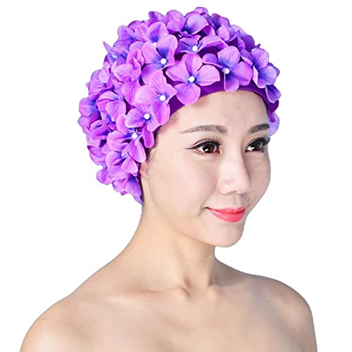Badekappe für Erwachsene für langes oder kurzes Haar, wasserdicht, atmungsaktiv, 3D-Blumen-Badekappe zum Schutz von Haaren und Ohren (Lila) von Fiacvrs