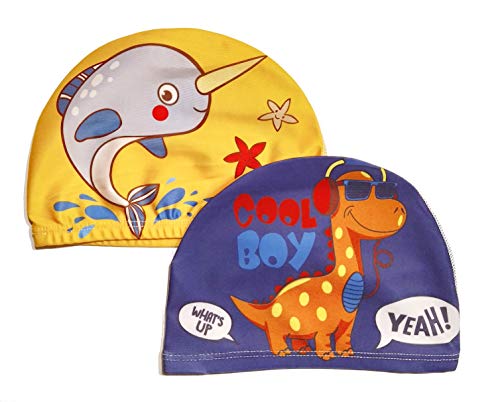 2er-Set Coole Badekappen für Jungen (Alter: 2-5 Jahre) - Dino und Wal - 100% Nylon und 0% Ziepen - Kinder Schwimmkappe Haube von Filo Fuchs