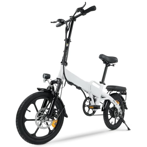 E-Bike Klappbar 2,6H Voll Aufgeladen Max 25Km/h 70Km mit 3 Geschwindigkeitsmodi Doppelstoßdämpfer Doppelbremse,16 Zoll Reifen Elektrofahrräder Damen Herren für Pendeln (Weiß, 16 Zoll U3 E Bike) von Finbike
