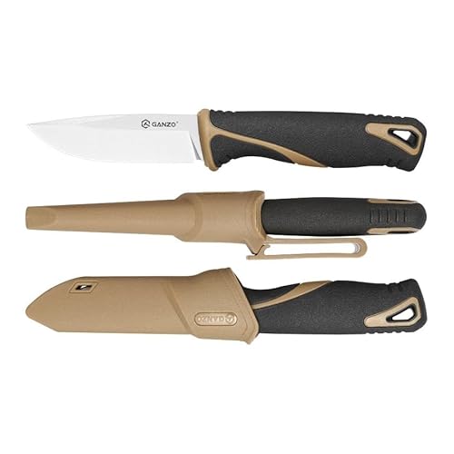 Ganzo G807-DY Feststehendes Messer, 9CR14 Edelstahlklinge, ergonomischer Anti-Rutsch-Griff, Camping, Jagd, Angeln, Outdoor, EDC-Messer mit Scheide (Beige) von Firebird