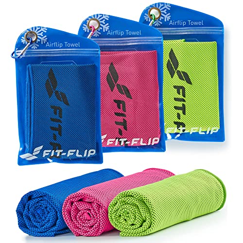 Fit-Flip Kühltuch 3er Set 100x30cm, Mikrofaser Sporthandtuch kühlend, Kühltuch, Airflip Cooling Towel, Mikrofaser Handtuch, Farbe: dunkelblau/grün/pink, Größe: 100x30cm von Fit-Flip
