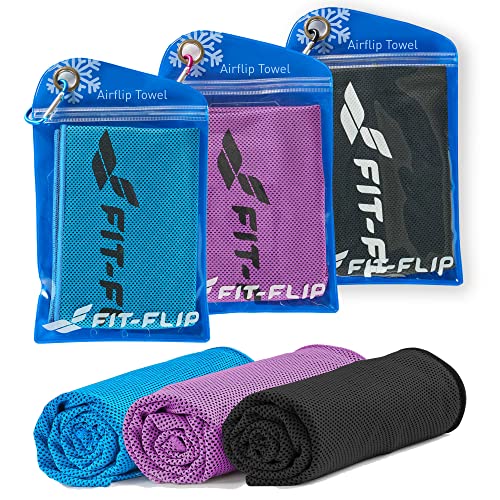 Fit-Flip Kühlhandtuch 3er Set - Cooling Towel und mikrofaser Kühltuch - kühlendes Handtuch - Airflip Towel für Fitness und Sport - Ice Towel (schwarz/blau/violett, 100x30cm) von Fit-Flip