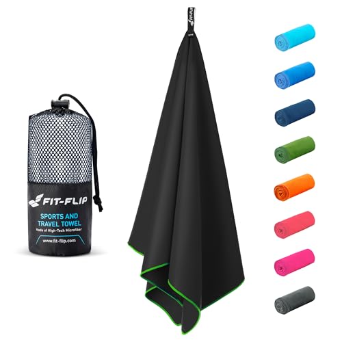 Fit-Flip Microfaser Handtücher - kompakt und leicht - Mikrofaser Handtuch schnelltrocknend - als Reisehandtuch, Sporthandtuch, Strandtuch - Badetuch groß (1x 100x50cm, Schwarz-Grün) von Fit-Flip