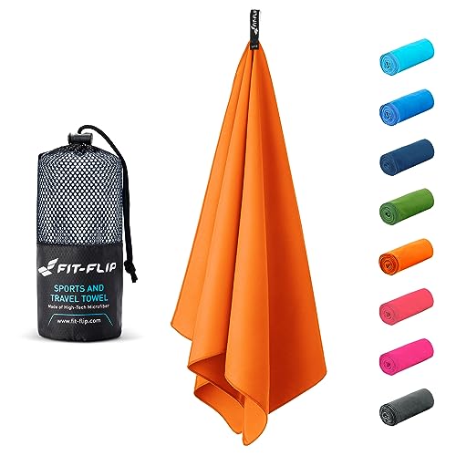 Fit-Flip Microfaser Handtücher - kompakt und leicht - Mikrofaser Handtuch schnelltrocknend - als Reisehandtuch, Sporthandtuch, Strandtuch - Badetuch groß (2X 80x40cm + 1 Tasche, Orange) von Fit-Flip