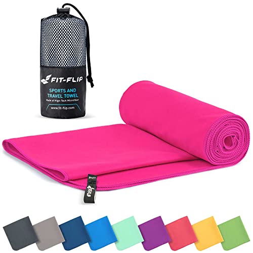 Fit-Flip Mikrofaser Handtuch - kompakte Microfaser Handtücher - ideal als Sporthandtuch, Reisehandtuch, Strandtuch - schnelltrocknend und leicht - Badetuch groß (1x 40x80cm + 1 Tasche, Pink) von Fit-Flip