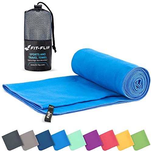 Fit-Flip Mikrofaser Handtuch - kompakte Microfaser Handtücher - ideal als Sporthandtuch, Reisehandtuch, Strandtuch - schnelltrocknend und leicht - Badetuch groß (1x 40x80cm + 1 Tasche, Blau) von Fit-Flip