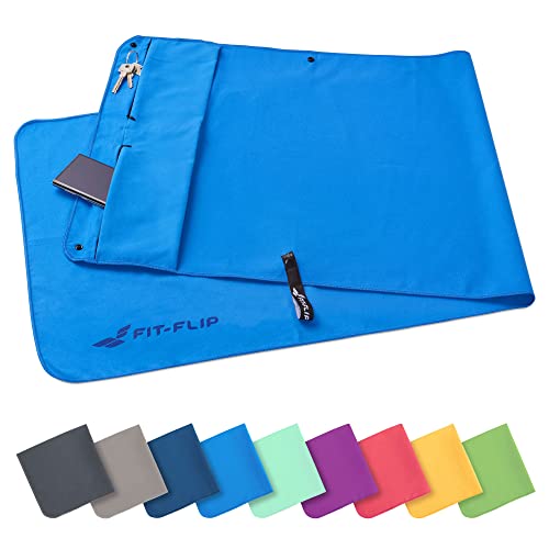 Fit-Flip Fitness Handtuch - mit Magnet und Reißverschluss Tasche - Gym Handtuch aus Mikrofaser für Sport und Fitness - Kompakt & Schnelltrocknend - Sporthandtuch Fitnessstudio - Blau - 130x48cm von Fit-Flip