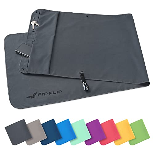 Fit-Flip Fitness Handtuch - mit Magnet und Reißverschluss Tasche - Gym Handtuch aus Mikrofaser für Sport und Fitness - Kompakt & Schnelltrocknend - Sporthandtuch Fitnessstudio - Dunkelgrau - 130x48cm von Fit-Flip