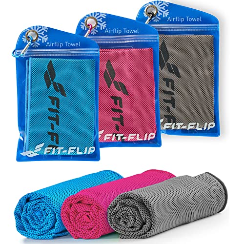 Fit-Flip Kühlhandtuch 3er Set - Cooling Towel und mikrofaser Kühltuch - kühlendes Handtuch - Airflip Towel für Fitness und Sport - Ice Towel (blau/rosa/grau, 100x30cm) von Fit-Flip