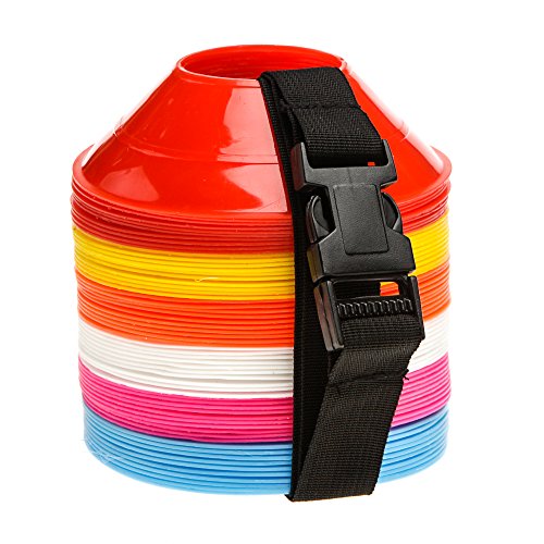 Fitness Health 60 Markierungskegel – aus Kunststoff – 10 in Rot, Pink, Blau, Weiß, Orange und Gelb mit Riemen – geeignet für Agility, Beinarbeit, Rugby, Fußball, Hockeytraining - Set 60 PCS von Fitness Health