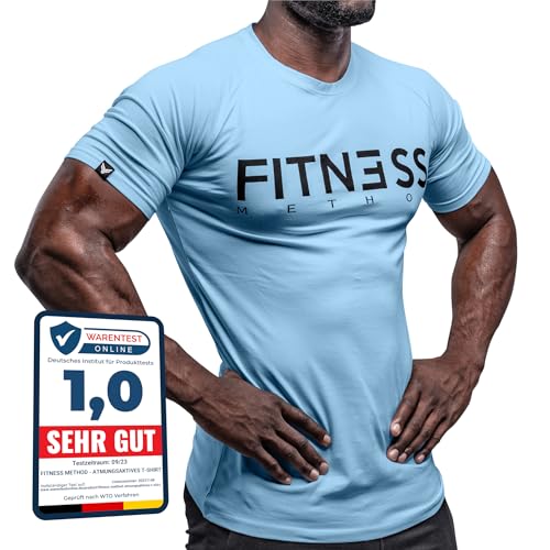 Fitness Method, Sport T-Shirt Herren, Slim-Fit Shirt bequem & hochwertig Männer, Rundhals & Tailliert, Training & Freizeit, Gym & Casual Workout Mann, 95% Baumwolle, 5% Elastan, (Ice - Blue XXL) von Fitness Method