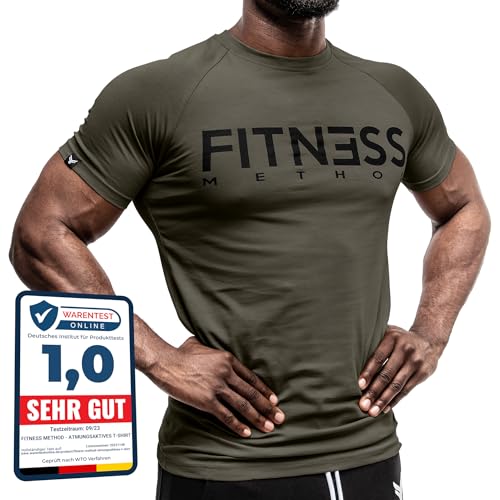 Fitness Method, Sport T-Shirt Herren, Slim-Fit Shirt bequem & hochwertig Männer, Rundhals & Tailliert, Training & Freizeit, Gym & Casual Workout Mann, 95% Baumwolle, 5% Elastan, (Khaki - Schwarz XL) von Fitness Method