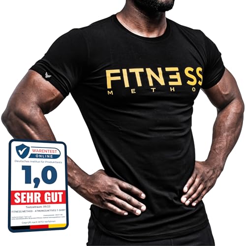 Fitness Method, Sport T-Shirt Herren, Slim-Fit Shirt bequem & hochwertig Männer, Rundhals & Tailliert, Training & Freizeit, Gym & Casual Workout Mann, 95% Baumwolle, 5% Elastan, (Schwarz- Gold XXL) von Fitness Method