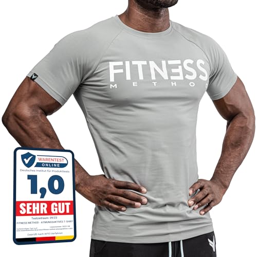 Fitness Method, Sport T-Shirt Herren, Slim-Fit Shirt bequem & hochwertig Männer, Rundhals & Tailliert, Training & Freizeit, Gym & Casual Workout Mann, Baumwolle, Elastan, (Grau - Weiß XL) von Fitness Method