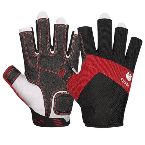 FitsT4 Sports Kajak Handschuhe 3/4-Finger gepolsterte Handfläche Mesh Rücken für Komfort Perfekt zum Segeln, Paddeln, Kanufahren, Kajakfahren, SUP Stehpaddeln,Rot,XXL von FitsT4 Sports