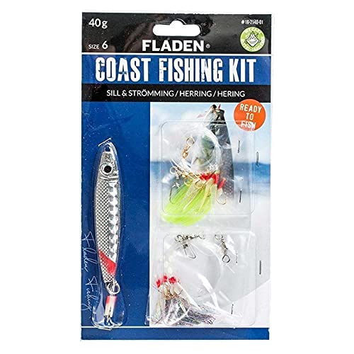 Fladen Coast Fishing Kit - Hering, bestehend aus einem 40g Pilker (bleifrei) und Zwei Heringsvorfächern, Pilker in Silber von Fladen
