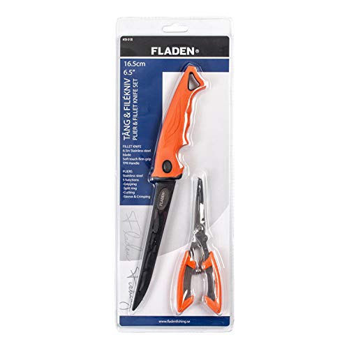 Fladen Zangen- und Filetiermesser-Set in Orange, Messer 16,5cm Edelstahlklinge mit Scheide, Zange aus Edelastahl mit 5 Funktionen von Fladen