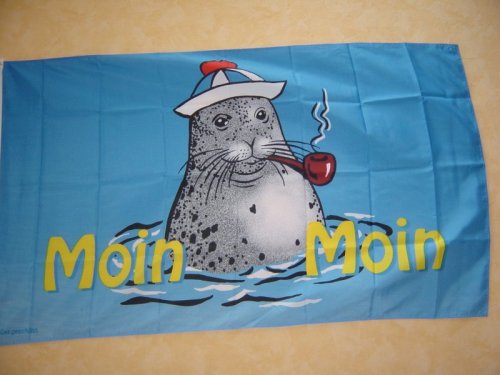 Fahnen Flaggen Moin Moin SEEHUND MIT Pfeife 150 x 90 cm Fahne Flagge von Flaggenladen