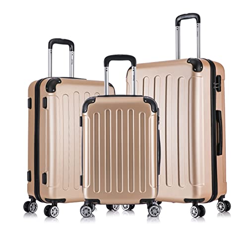 Flexot® F-2045 Koffer, Handgepäck& 3tlg Kofferset (16 Farben zur Auswahl) Zwillingsrollen Bordcase Suitcase Reisekoffer Koffer Kofferset Trolleys Hartschale (3tlg. Set, Gold) von Flexot