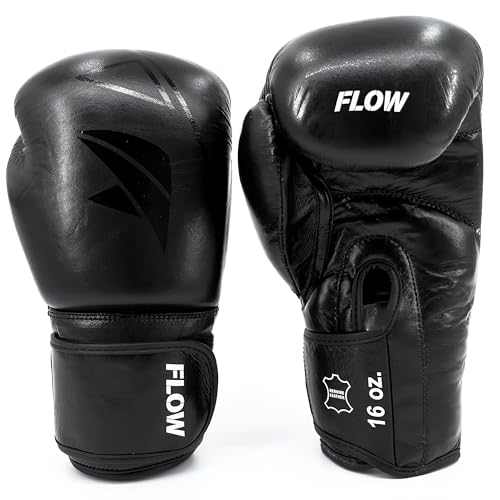 Flow Progress Boxhandschuhe - mehrschichtiger Schaumstoff - Rindsleder (Schwarz, 12 oz) von Flow Fightgear
