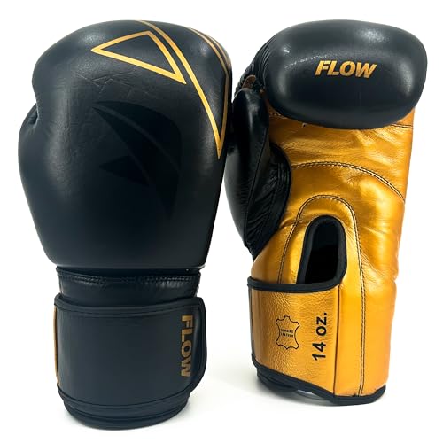 Flow Progress Boxhandschuhe - mehrschichtiger Schaumstoff - Rindsleder (Schwarz/Gold, 12 oz) von Flow Fightgear