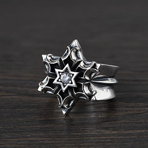 Focisa Ring Ringe Bijouterie S925 Sterling Silber Vintage Thai Silber Ring Für Männer Hexagramm Sternmuster Retro Punk Rock Stil Übertrieben Großer Ring 9.5 von Focisa