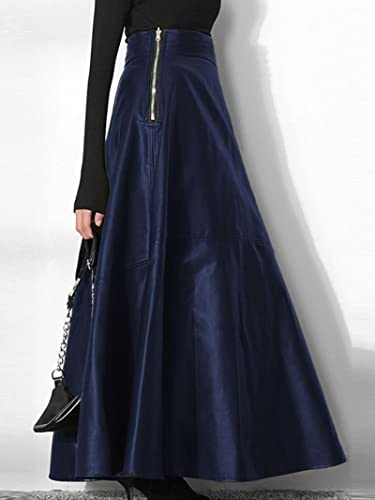 Rock Damen Langer Taille Skirt Linie Falten Langes Kleid Mode Einfarbige Damen Elegante Casual Hohe Taille Reißverschluss 4XL Blau von Focisa