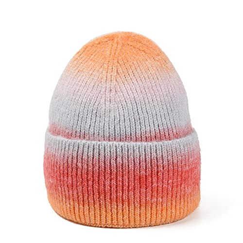 Strickmützen Hüte Mützen Caps Beanie Winter Warmer Hut Frauen Farbverlauf Krawattenfarbe Gestrickte Mütze Frauen Outdoor Warmer Hut Casual Mädchen Herbstmütze 56-58Cm Orange von Focisa