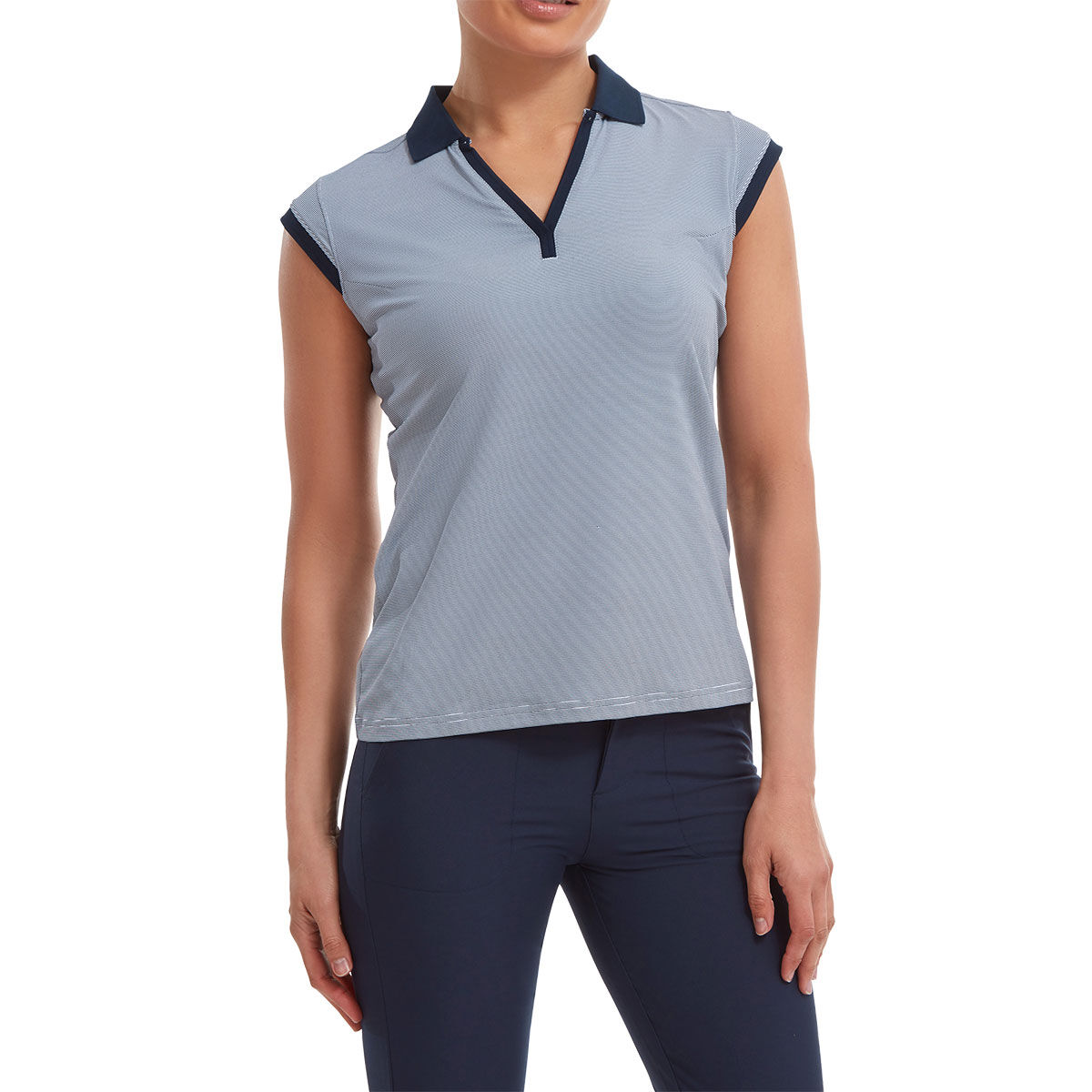 FootJoy Women's Navy Blue and White Lightweight End on Striped Lisle Golf Polo Shirt, Size: 14 | American Golf von FootJoy