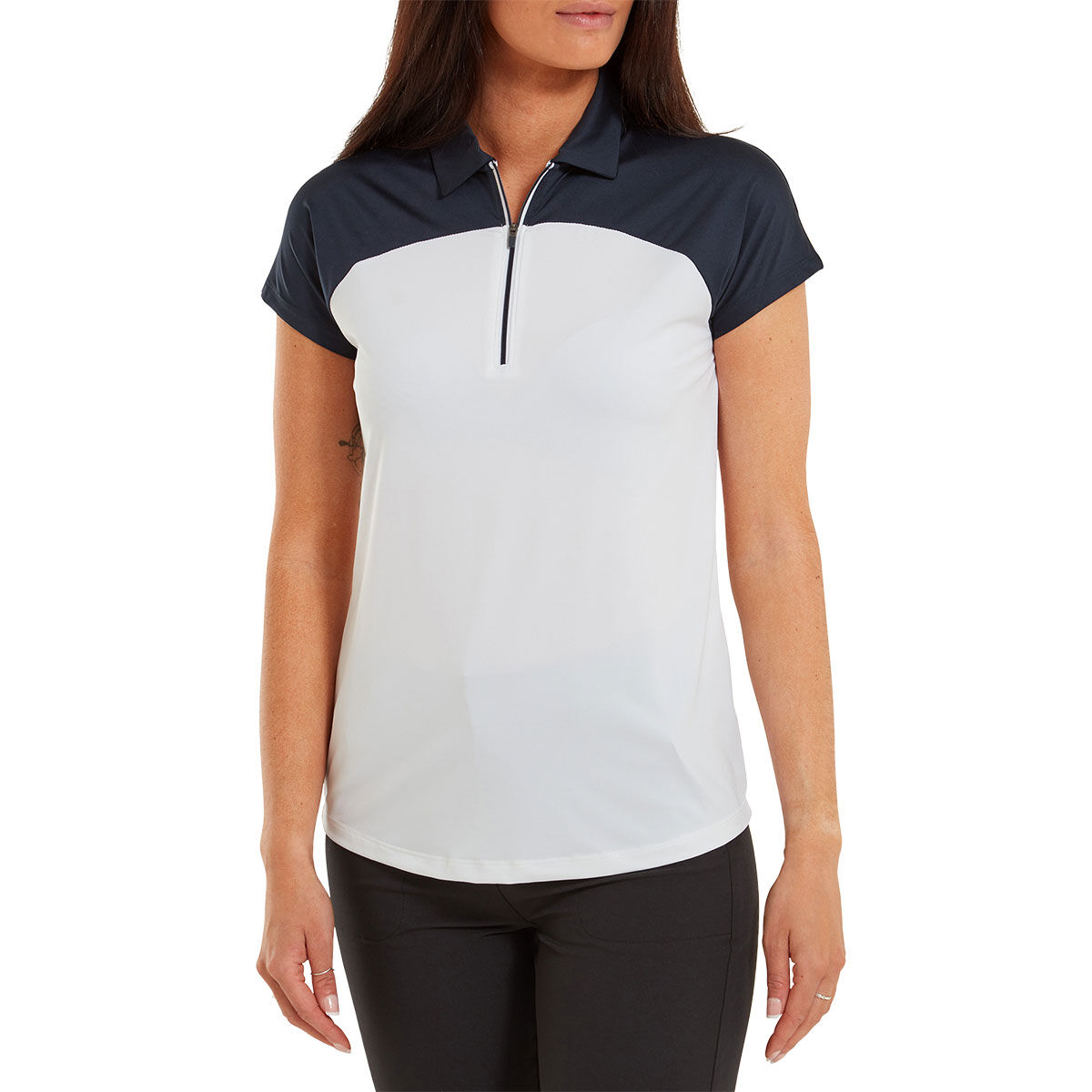 FootJoy Womens Cap Sleeve Colour Block Lisle Golf Polo Shirt, Female, Navy/white, Large | American Golf von FootJoy