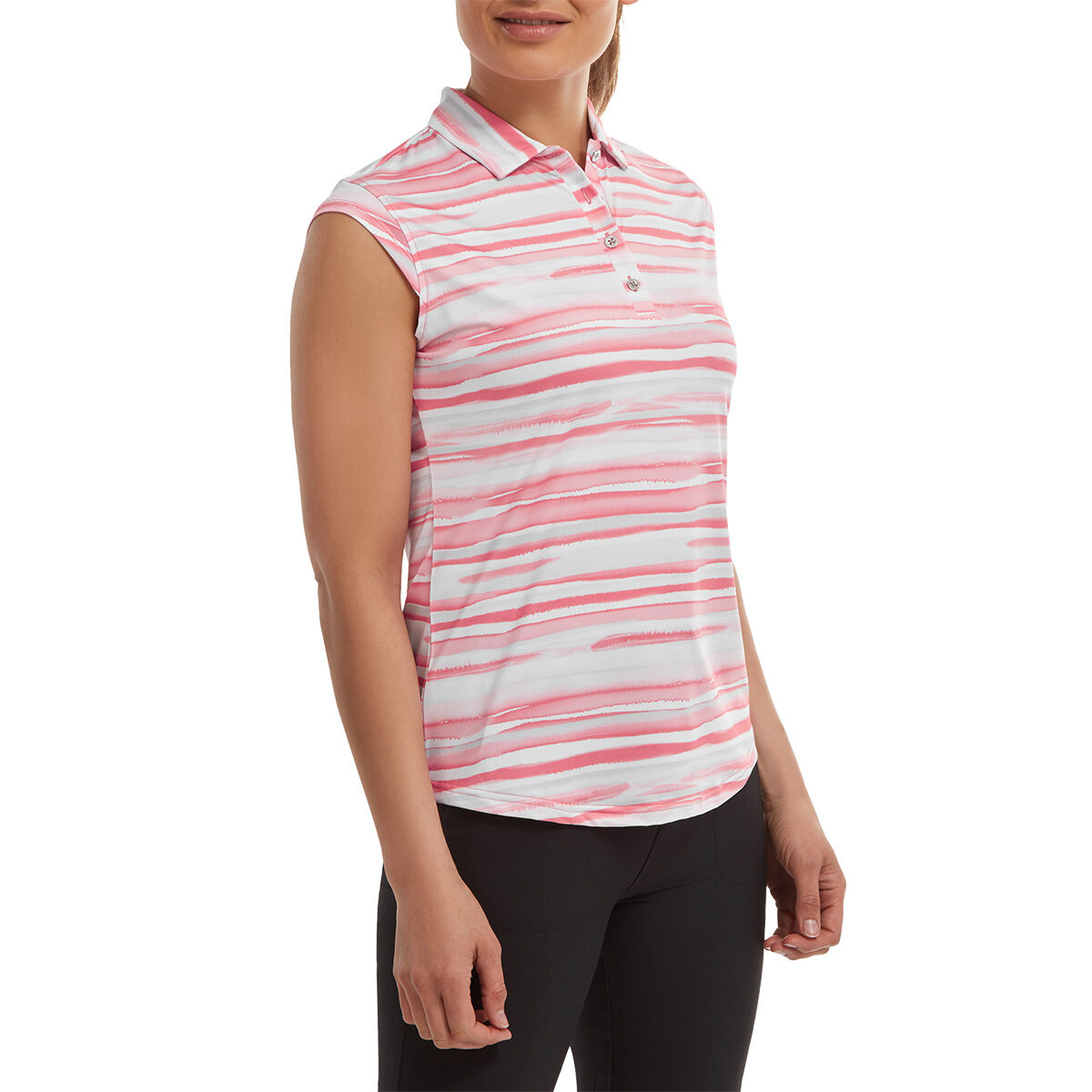 FootJoy Womens Cap Sleeve Watercolour Print Lisle Golf Polo Shirt, Female, White/bright coral, Large | American Golf von FootJoy