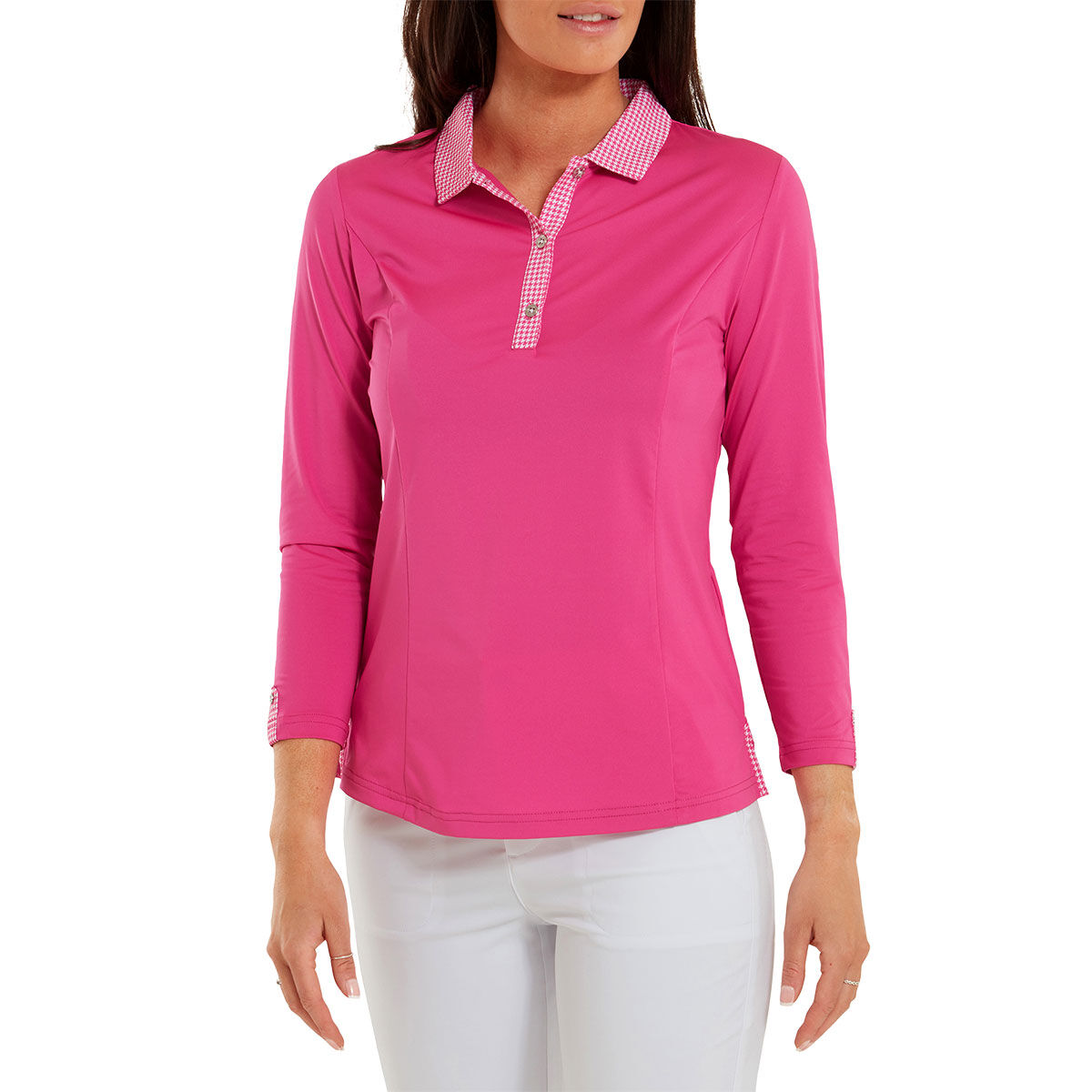 FootJoy Ladies Pink Lightweight Houndstooth Trim 3/4 Sleeve Lisle Golf Polo Shirt, Size: S | American Golf von FootJoy
