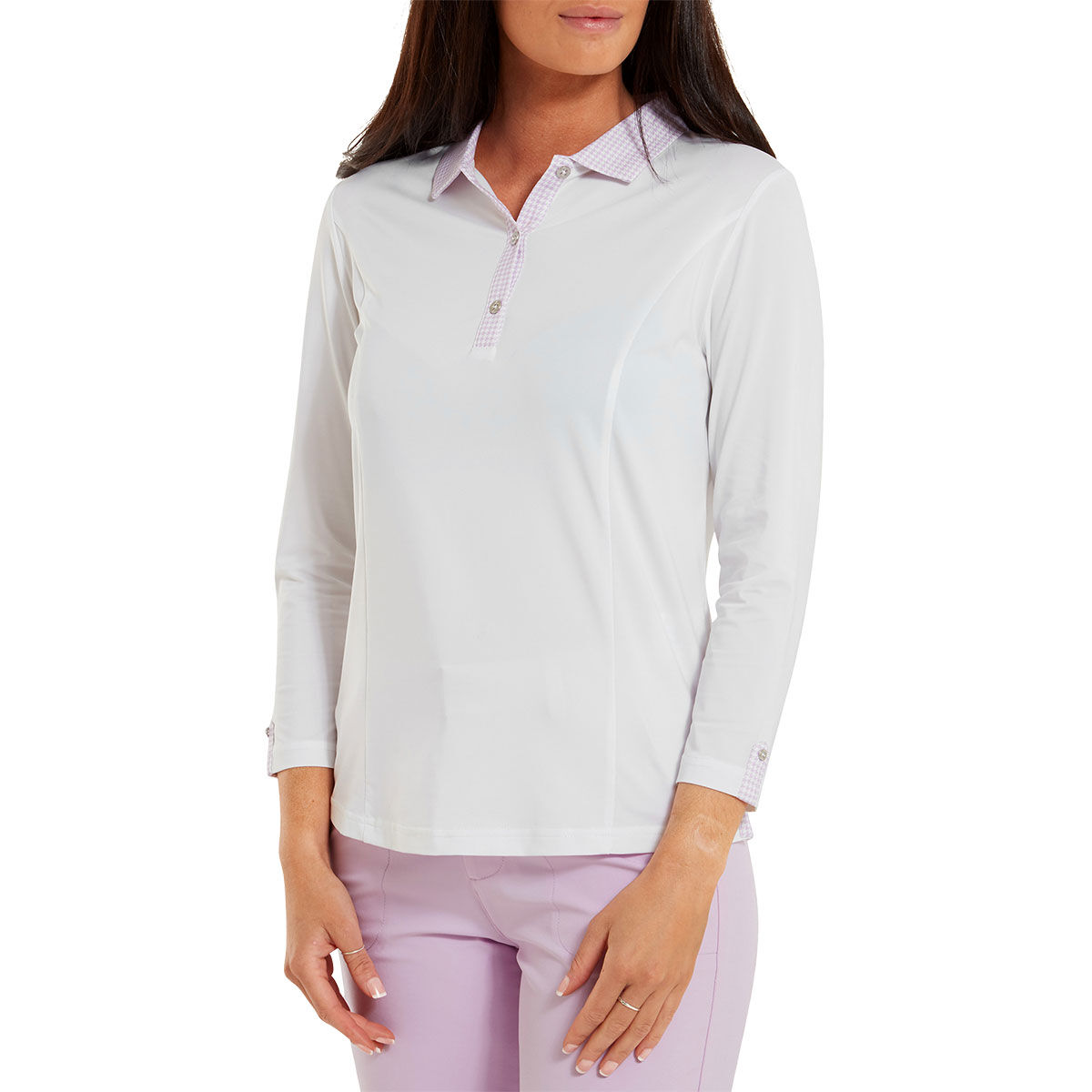 FootJoy Womens Houndstooth Trim 3/4 Sleeve Lisle Golf Polo Shirt, Female, White/pink, Xs | American Golf von FootJoy