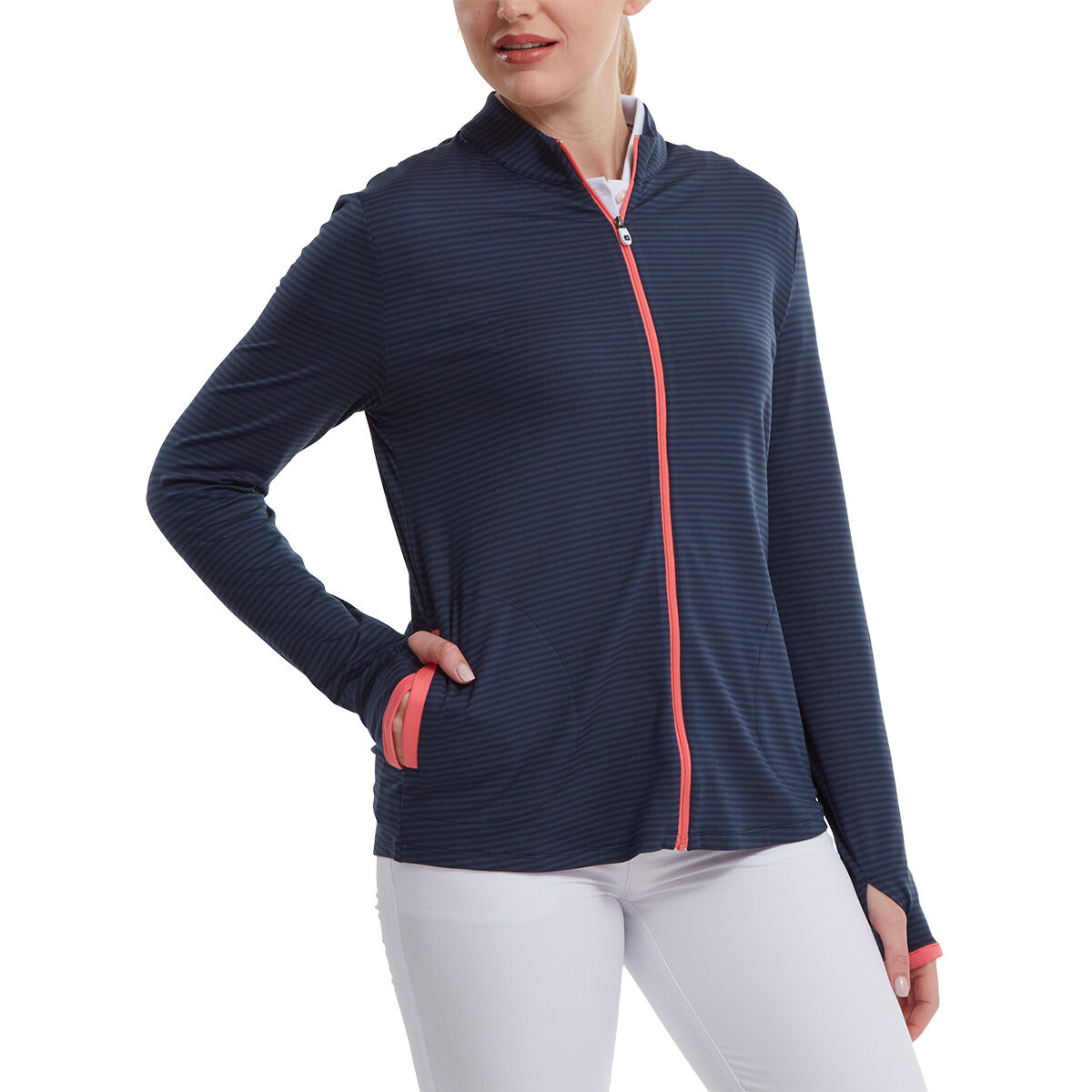 FootJoy Womens Lightweight Tonal Stripe Full-Zip Golf Mid Layer, Female, Navy, Small | American Golf von FootJoy