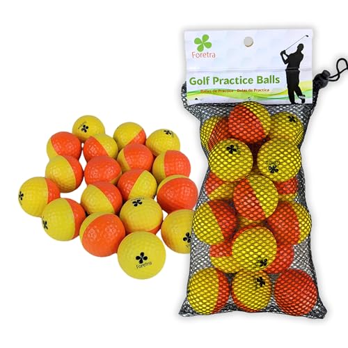 Foretra - Schaumstoff-Golfbälle zum Üben – Gelb/Orange – realistisches Gefühl mit begrenztem Flug – inklusive Netztasche für drinnen und draußen von Foretra