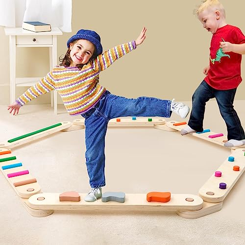 Forroby Holz Kleinkinder Schwebebalken Bunte Hindernissteine,Montessori Spielzeug für Drinnen und Draußen,Holz-Balance-Board für Kinder für Koordination und Stabilität (Gelb) von Forroby