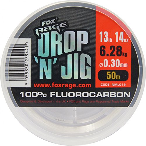 Fox Rage Fluocarbon Schnur Drop 'n' Jig 50m, Angelschnur für Vorfächer, Vorfachschnur zum Spinnfischen, Durchmesser/Tragkraft:0.30mm / 6.28kg Tragkraft von Fox
