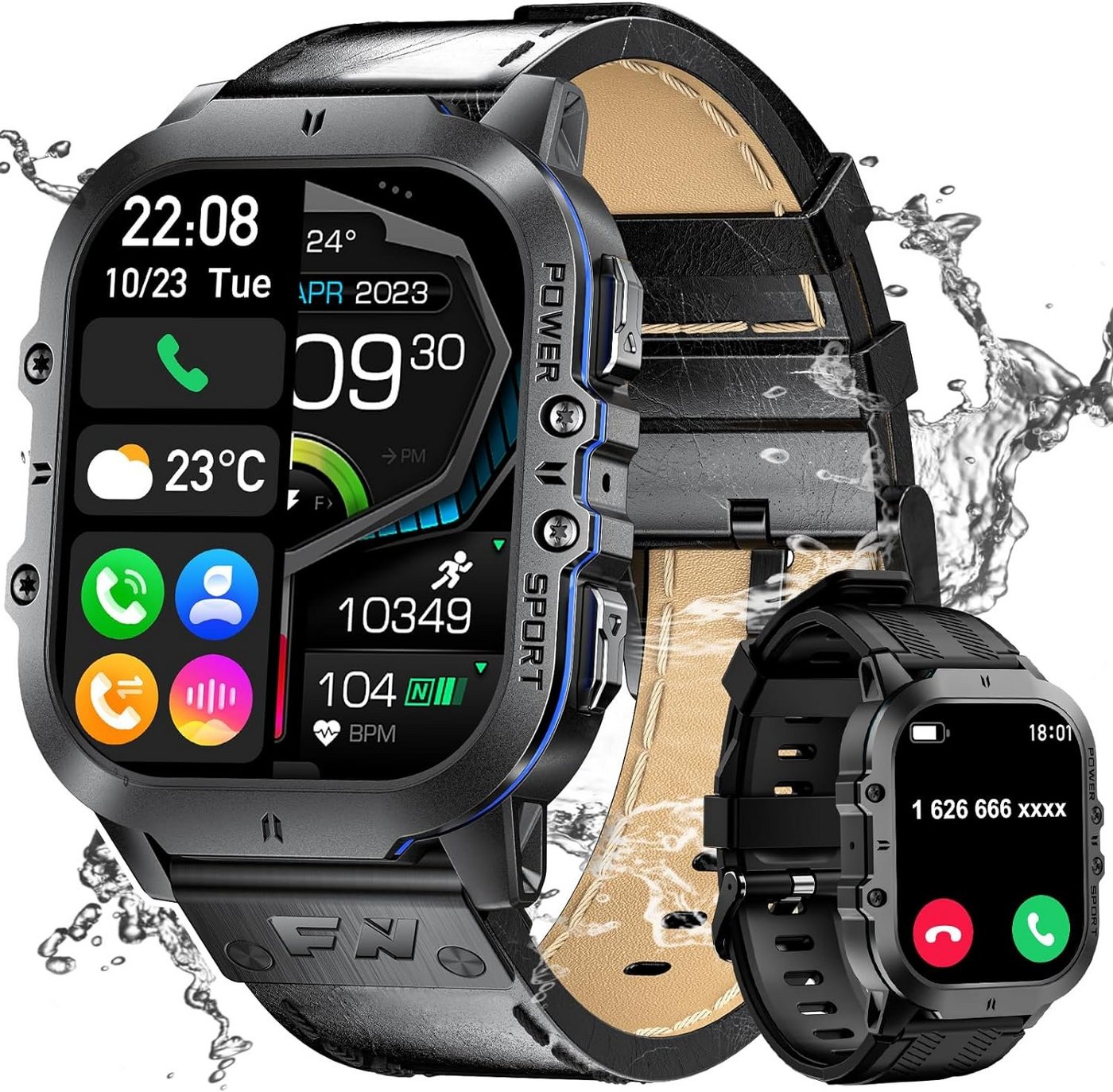 FoxBox Smartwatch (1,96 Zoll, Android iOS), Heren mit Telefonfunktion AMOLED Display Fitness Militär 100+Sportmodi von FoxBox