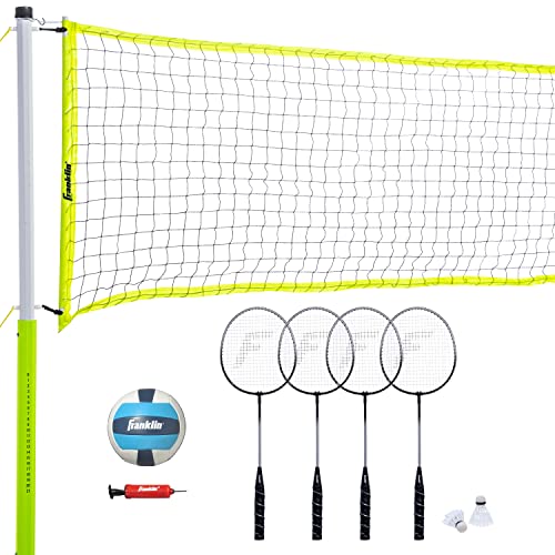 Franklin Sports Unisex-Erwachsene Kombi Tragbares Volleyball-und Badminton-Netz mit Ball, Schlägern und Vögeln – All Inclusive Set, gelb, 30 ft von Franklin Sports
