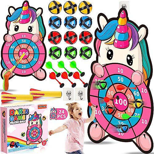 Frasheng 74,5cm Kinder Klett Dartscheibe mit 12 Klebrigen Bällen,Einhorn Spielzeug für 4–9,Dartscheibe Spielzeug Kinder,Einhorn Geschenke für Mädchen,Drinnen und Draußen Hängendes Dart Wurfspiel Sets von Frasheng